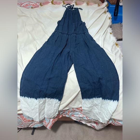Bella Dahl Bleach Dip Navy and White Linen Wide-Leg Jumpsuit M - Picture 7 of 7